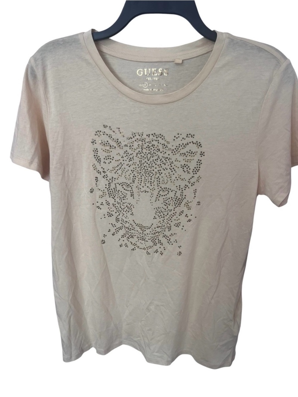 GUESS Cream Short Sleeve Tee with Studded Tiger Motif